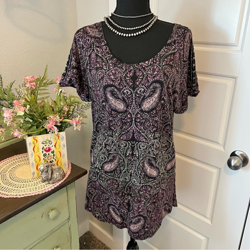 Lucky Brand‎ Colorful Faux Embroidery Paisley Boho Short Sleeve T-Shirt Blouse L